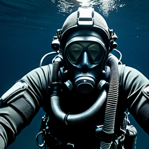 Underwater infiltration gear: A diver wearing a rebreather and specialized suit adapted for extreme temperatures and pressure navigates in dark water using advanced sonar, depicting the high-tech equipment used by elite underwater operatives.