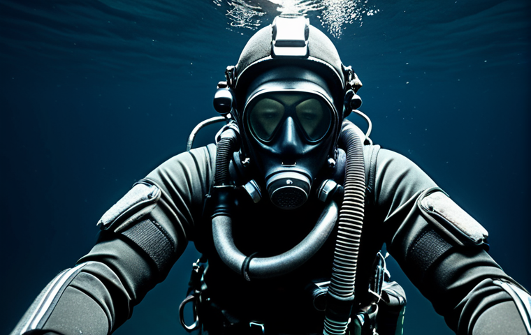 Underwater infiltration gear: A diver wearing a rebreather and specialized suit adapted for extreme temperatures and pressure navigates in dark water using advanced sonar, depicting the high-tech equipment used by elite underwater operatives.